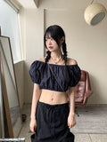 Minen Denim Off Shoulder Cropped Short Sleeve Blouse