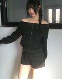 Potic Rivet Pocket Pile Off Shoulder Zip-up