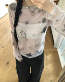 Dubi Flower Mesh See-through Long Sleeve T-shirt
