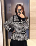 Marron Sailor Collar Hound Check Knit Jacket Cardigan