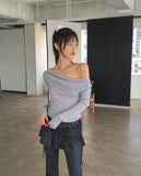 Mebel Shirring Off-Shoulder Back Slit Ribbon Strap Long-Sleeved T-Shirt