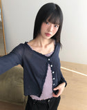 Phuang Lace Frill See-Through V-Neck Long-Sleeve Cardigan