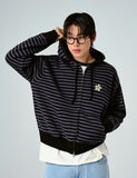 Flower Dot Embroidery Knit Stripe Hood Zip-up
