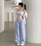Summer Color Matching Stripe Banding Wide Pants