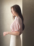 Kain Puff Color Matching Tie-Neck Short Sleeve Blouse