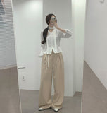 Waist Strap Neck Tie Balloon Puff Blouse