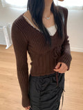 Nakky Vintage V-Neck Ribbon String Punching Ribbed Crop Long Sleeve Knit