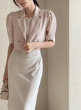 Beilb Linen Puff Collar Check Crop Jacket