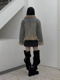Fur trimmed quilted denim jacket