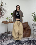 Tie pin tuck cotton balloon pants