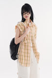 Rough crop sleeveless snap check shirt