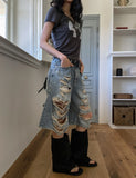 Raw Destroyed Bermuda Denim Pants