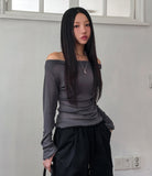 Ruffle see-through shirring drape long sleeve