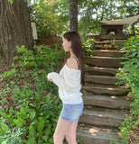 Feminine V-Neck Sleeve Slit See-Through Long Sleeve Knit