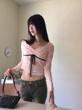 Luer Balletcore Ribbon Color Matching Heart Neck Long Sleeved T-Shirt