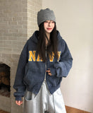 Navy Lettering Brushed Washing Hood Zip-Up