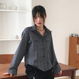 Sahi Vintage Stripe Pocket Roll Crop Long Sleeve Shirt