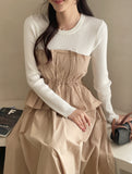 Rail Color Matching Knit Shirring Pin Tuck Flare One Piece