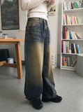 Cama Yellow Washing Vintage Long Wide Denim Pants