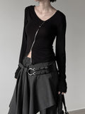 Wet Button Slit Zipper Long Sleeve Top