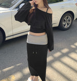 Color Matching Fold Low-Rise Banding Long Skirt