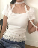[Muffler set] Kabel lace frill pendant short sleeve t-shirt