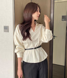 Doberin Open Collar Pintuck Blouse (Belt Set)
