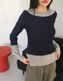Philae brushed outer stripe fleece layered long sleeve T-shirt