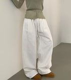 Autumn Peach Processed Pintuck Loose Wide Fit Banding Cotton Pants