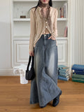 Lazer cut patch maxi denim long skirt