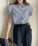 Nine Stripe Puff Short Sleeve Shirt Blouse