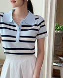 Oldin Stripe Collar Short Sleeve Knit