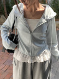 Hoan Lace Sleeveless Shirring Hood Zip-Up
