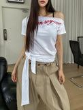 Royal lettering strap unbalanced shoulder short sleeves