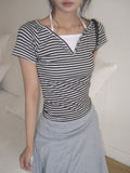 Isho Fake Layered Halter Stripe Button Short Sleeve T-shirt