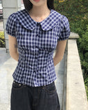 Warden Round Collar Puff Check Blouse