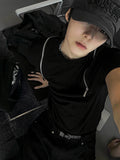 Shoulder Zipper Deep Black Short Sleeve T-shirt
