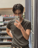 Wheat Pigment Rib Muscle Henley Neck Short Sleeve T-shirt