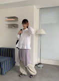 Lunans Stripe Unbalance Shirring Banding Skirt