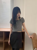 Kelle Ribbon Shirring Mesh Air Puff Crop Short Sleeve T-shirt