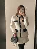 Emelded Color Matching Wool Jacket Skirt Set