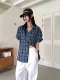 Rona Linen Wrinkle Overfit Check Short Sleeve Shirt