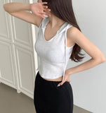 Waffle V-neck Hood Sleeveless Knit T-shirt