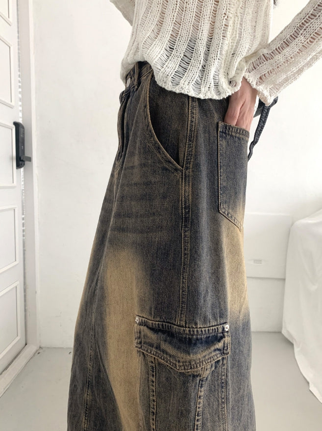 【WONDER WONDER】Parform Vintage Washing Long Denim Skirt WONDER WONDER (ワンダーワンダー) - パーフォームビンテージ