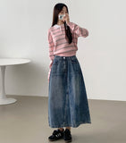 Simple Casual A-line 4-season Curved Line Denim Long Skirt