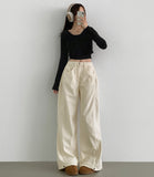 Corduroy Hem Snap Folding Cut Long Wide Pants