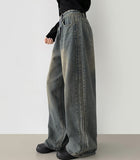 Side Tape Cut Line Brushed Balloon Wide Denim Pants