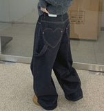 Heart Back Pocket Raw Non-fade Carpenter Balloon Wide Denim Pants