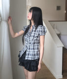 Devon V-neck Check Frill Blouse