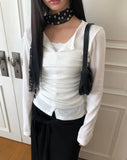 Neon Button Shirring Knit Top Cardigan Set